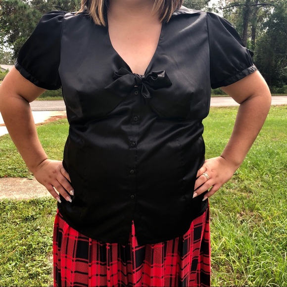 torrid Tops - Vintage Torrid black silky blouse with bow